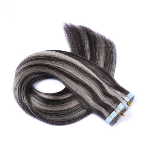 10 x Tape In (#1b/Grey Getrhnt) Hair Extensions - 2,5g 40 cm