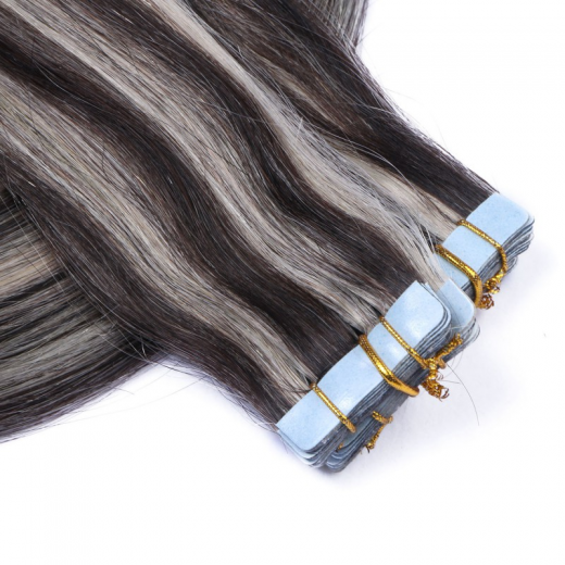 10 x Tape In (#1b/Grey Getrhnt) Hair Extensions - 2,5g 40 cm
