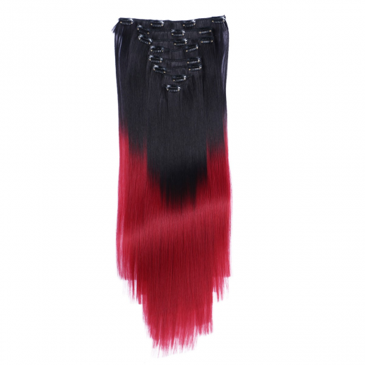#1B/Burg Ombre - Clip In Extensions / 8 Tressen / Haarverlngerung XXL Komplettset 60 cm - Gewellt