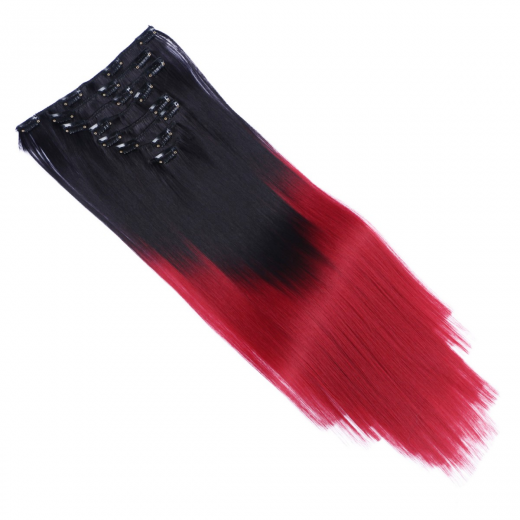 #1B/Burg Ombre - Clip In Extensions / 8 Tressen / Haarverlngerung XXL Komplettset 60 cm - Gewellt