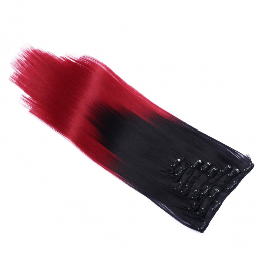 #1B/Burg Ombre - Clip In Extensions / 8 Tressen / Haarverlngerung XXL Komplettset 60 cm - Gewellt