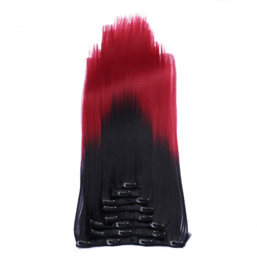 #1B/Burg Ombre - Clip In Extensions / 8 Tressen / Haarverlngerung XXL Komplettset 60 cm - Gewellt