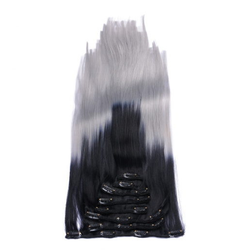 #1B/Grey Ombre - Clip In Extensions / 8 Tressen / Haarverlngerung XXL Komplettset 60 cm - Glatt
