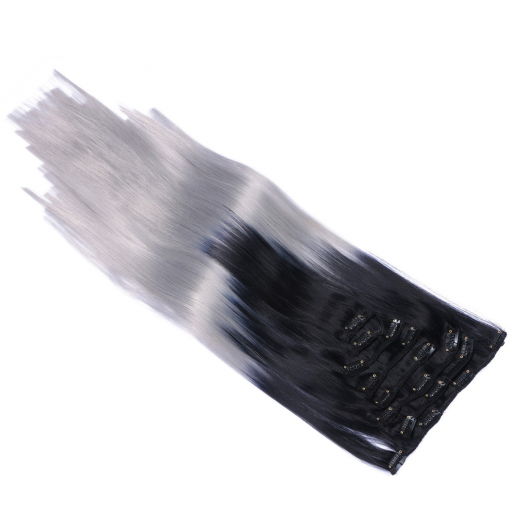 #1B/Grey Ombre - Clip In Extensions / 8 Tressen / Haarverlngerung XXL Komplettset 60 cm - Glatt