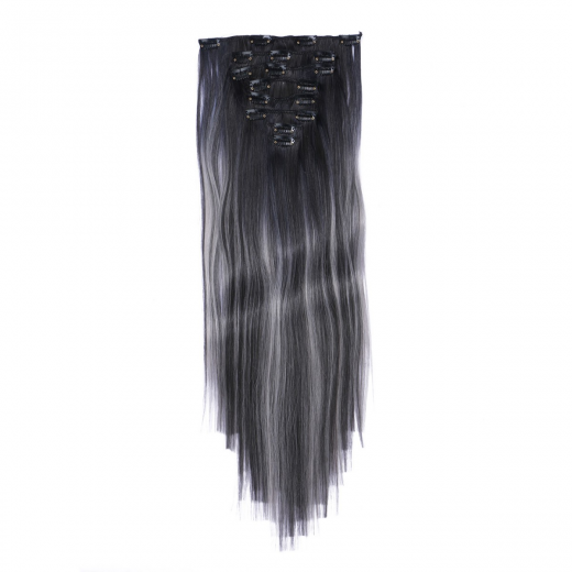 #1B/Grey Gestr�hnt - Clip In Extensions / 8 Tressen / Haarverl�ngerung XXL Komplettset 50 cm - Glatt