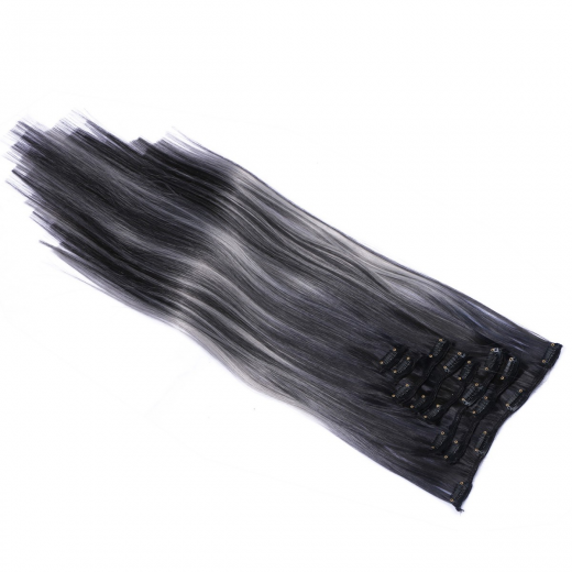 #1B/Grey Gestr�hnt - Clip In Extensions / 8 Tressen / Haarverl�ngerung XXL Komplettset 50 cm - Glatt