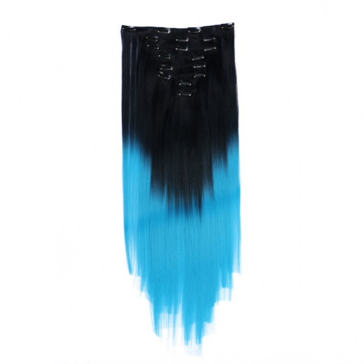 #1B/Turqoise Ombre - Clip-In Hair Extensions / 8 Tressen / Haarverlngerung XXL Komplettset 60 cm - Gewellt