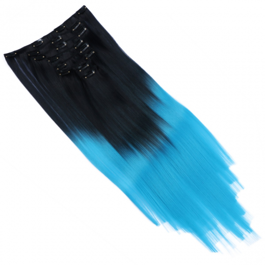 #1B/Turqoise Ombre - Clip-In Hair Extensions / 8 Tressen / Haarverlngerung XXL Komplettset 60 cm - Gewellt
