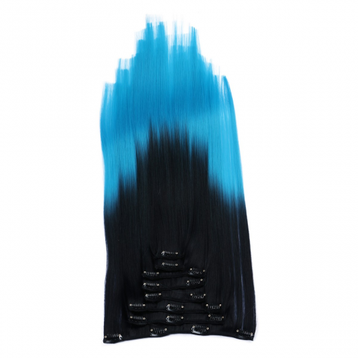 #1B/Turqoise Ombre - Clip-In Hair Extensions / 8 Tressen / Haarverlngerung XXL Komplettset 60 cm - Gewellt