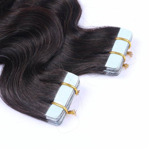 Tape Extensions #1B Schwarzbraun gewellt &ndash; 100 % Echthaar