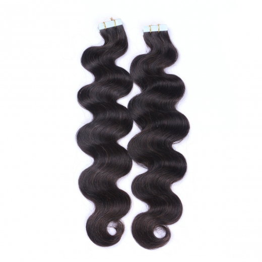 Tape Extensions #1B Schwarzbraun gewellt &ndash; 100 % Echthaar