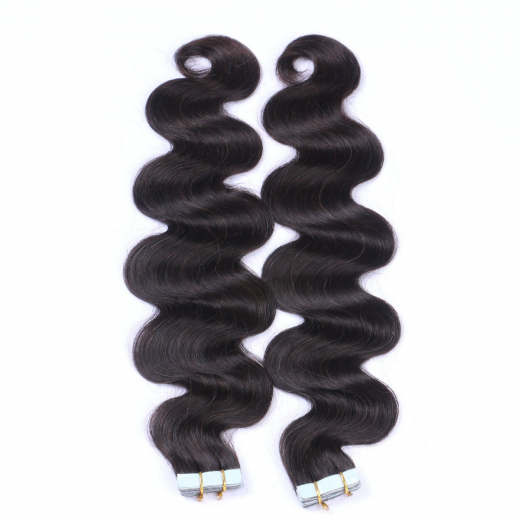 Tape Extensions #1B Schwarzbraun gewellt &ndash; 100 % Echthaar