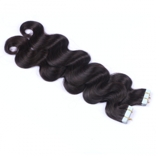 Tape Extensions #1B Schwarzbraun gewellt &ndash; 100 % Echthaar