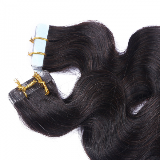 Tape Extensions #1B Schwarzbraun gewellt &ndash; 100 % Echthaar
