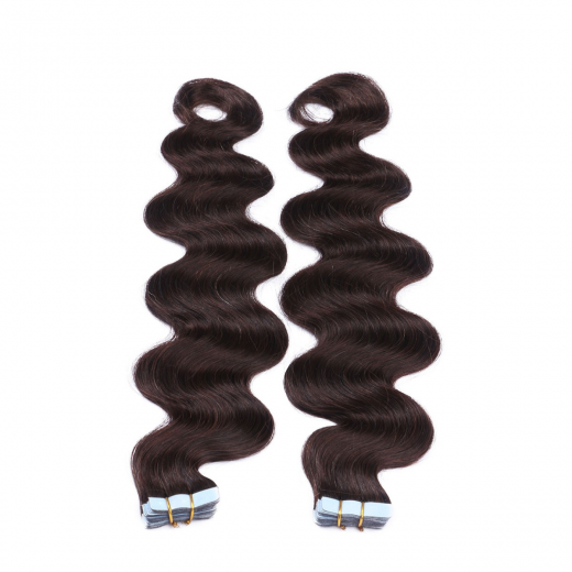 Tape Extensions #2 Dunkelbraun gewellt &ndash; 100 % Echthaar