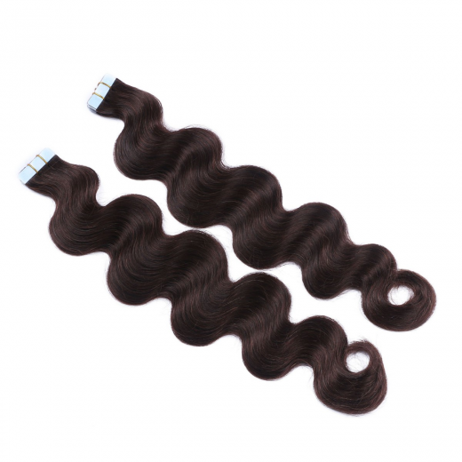 Tape Extensions #2 Dunkelbraun gewellt &ndash; 100 % Echthaar