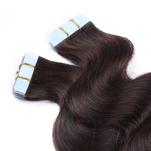 Tape Extensions #2 Dunkelbraun gewellt &ndash; 100 % Echthaar
