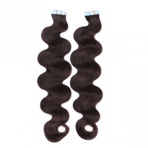 Tape Extensions #2 Dunkelbraun gewellt &ndash; 100 % Echthaar