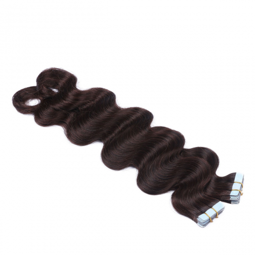 Tape Extensions #2 Dunkelbraun gewellt &ndash; 100 % Echthaar