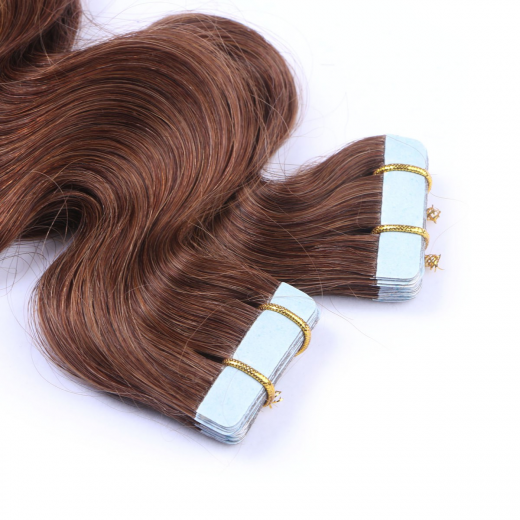 Tape Extensions #4 Schokobraun gewellt &ndash; 100 % Echthaar