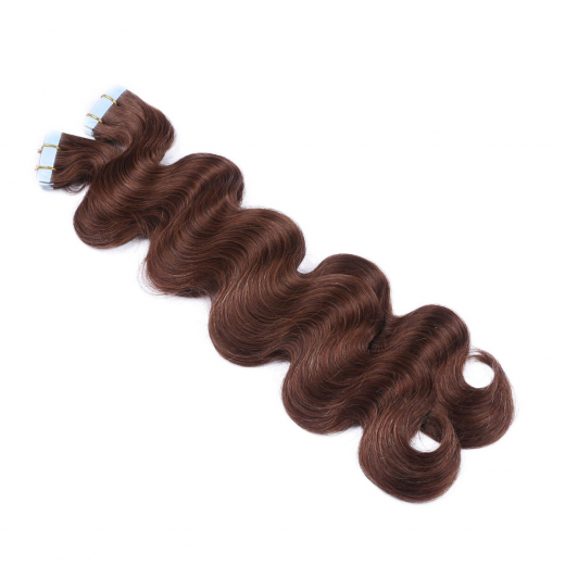 Tape Extensions #4 Schokobraun gewellt &ndash; 100 % Echthaar