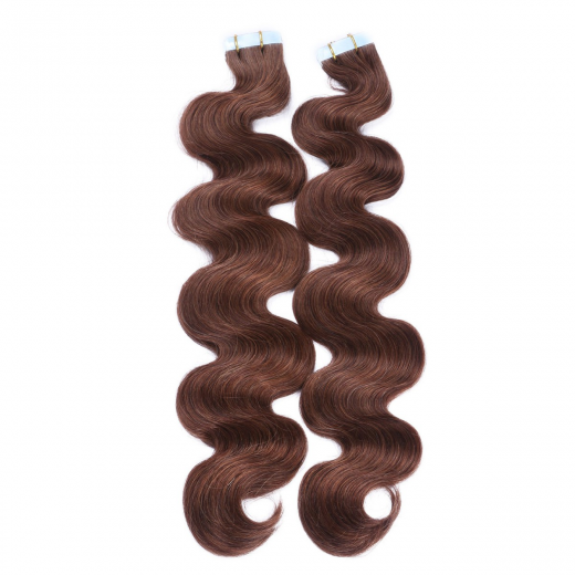 Tape Extensions #4 Schokobraun gewellt &ndash; 100 % Echthaar