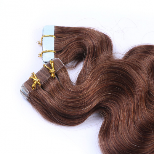 Tape Extensions #4 Schokobraun gewellt &ndash; 100 % Echthaar