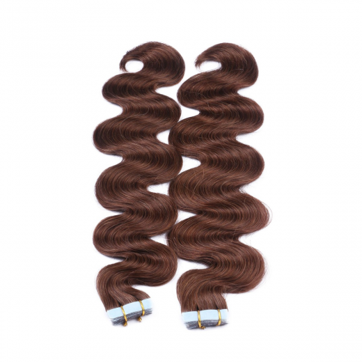 Tape Extensions #4 Schokobraun gewellt &ndash; 100 % Echthaar
