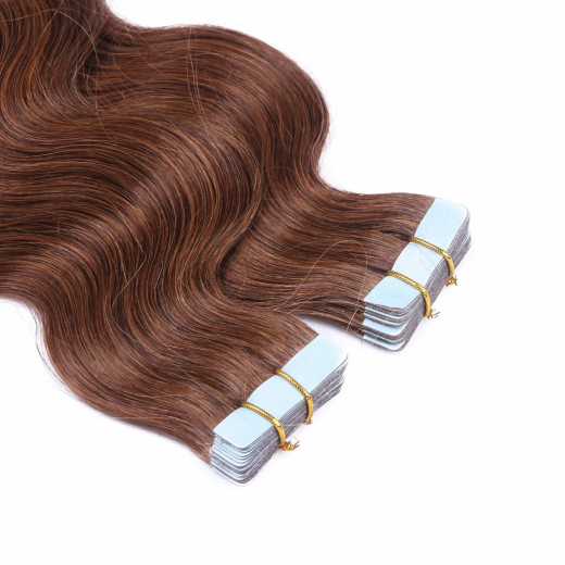 Tape Extensions #6 Braun gewellt &ndash; 100 % Echthaar