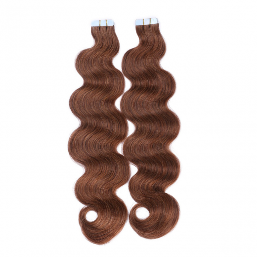 Tape Extensions #6 Braun gewellt &ndash; 100 % Echthaar