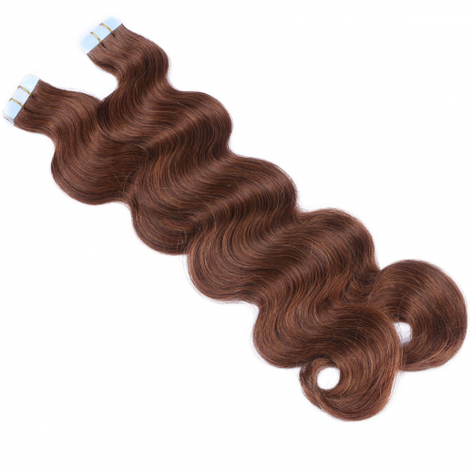 Tape Extensions #6 Braun gewellt &ndash; 100 % Echthaar