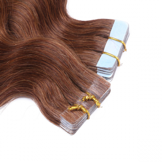 Tape Extensions #6 Braun gewellt &ndash; 100 % Echthaar