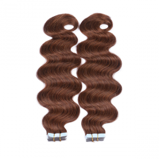Tape Extensions #6 Braun gewellt &ndash; 100 % Echthaar