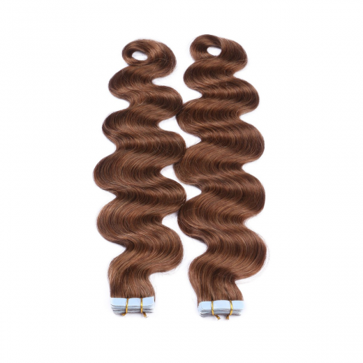Tape Extensions #8 Goldbraun gewellt &ndash; 100 % Echthaar