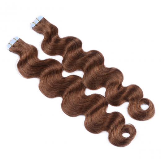 Tape Extensions #8 Goldbraun gewellt &ndash; 100 % Echthaar