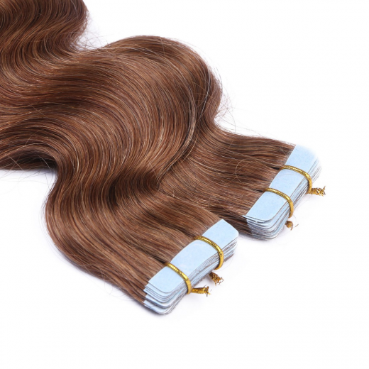 Tape Extensions #8 Goldbraun gewellt &ndash; 100 % Echthaar