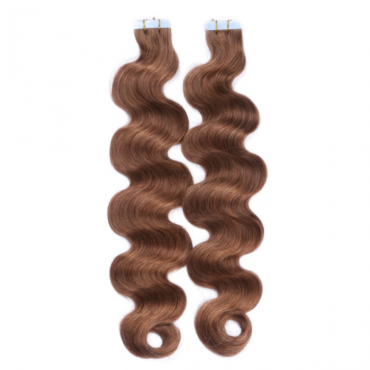 Tape Extensions #8 Goldbraun gewellt &ndash; 100 % Echthaar