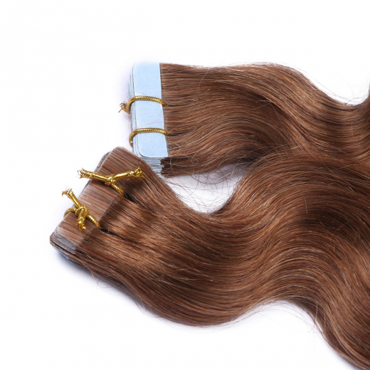 Tape Extensions #8 Goldbraun gewellt &ndash; 100 % Echthaar