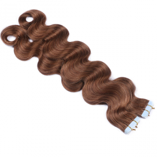 Tape Extensions #8 Goldbraun gewellt &ndash; 100 % Echthaar