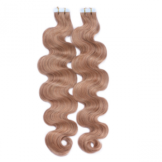 Tape Extensions #12 Hellbraun gewellt &ndash; 100 % Echthaar