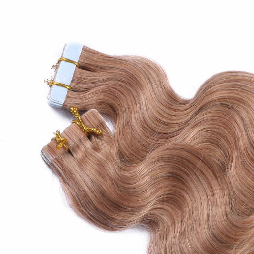 Tape Extensions #12 Hellbraun gewellt &ndash; 100 % Echthaar