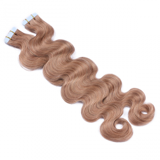 Tape Extensions #12 Hellbraun gewellt &ndash; 100 % Echthaar