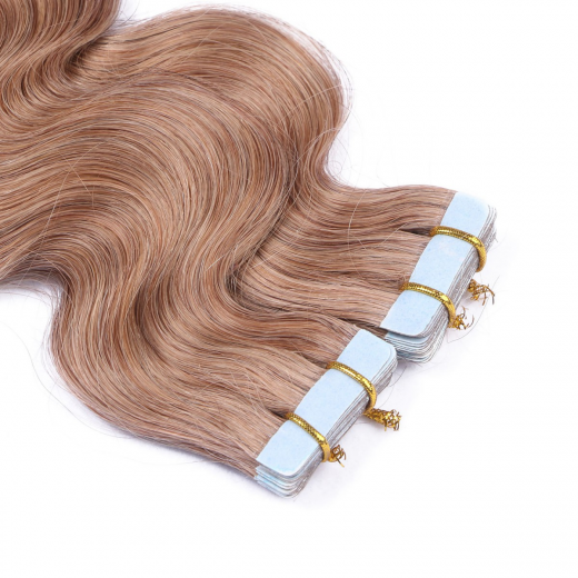 Tape Extensions #12 Hellbraun gewellt &ndash; 100 % Echthaar