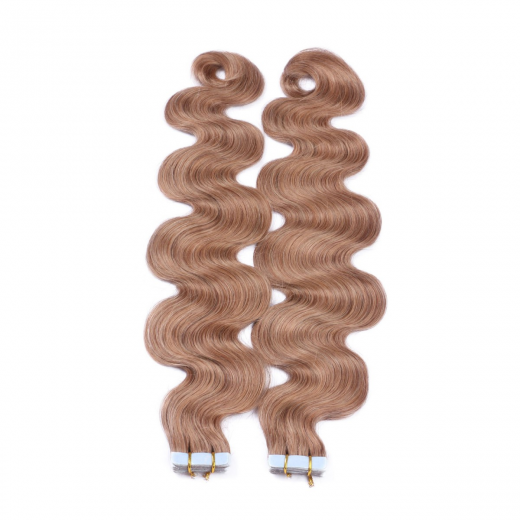 Tape Extensions #12 Hellbraun gewellt &ndash; 100 % Echthaar