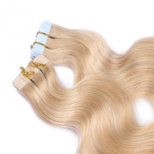Tape Extensions #24 Goldblond gewellt &ndash; 100 % Echthaar