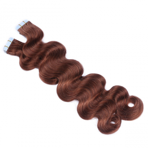 Tape Extensions #33 Rotbraun gewellt &ndash; 100 % Echthaar