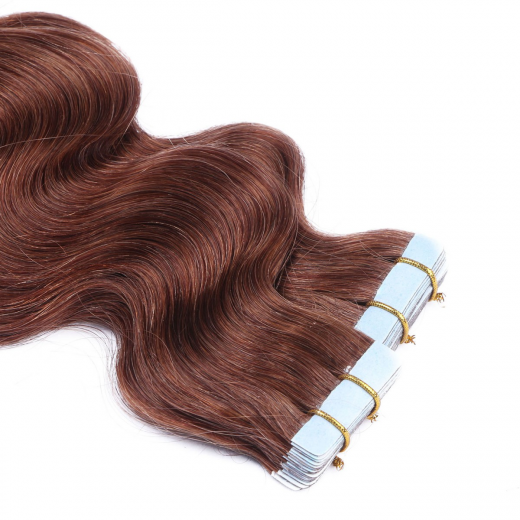 Tape Extensions #33 Rotbraun gewellt &ndash; 100 % Echthaar