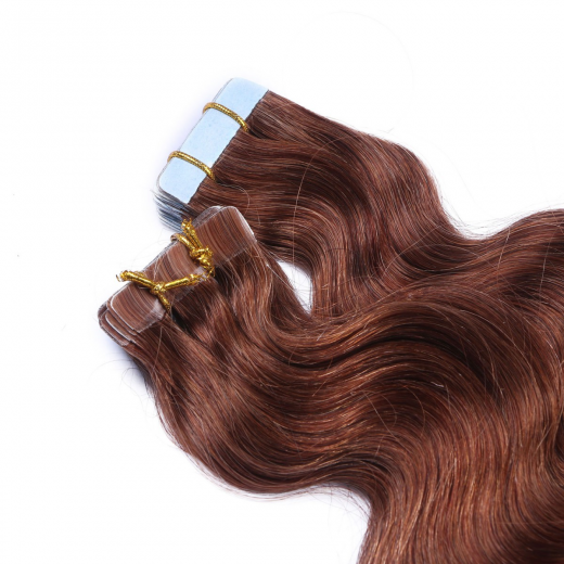 Tape Extensions #33 Rotbraun gewellt &ndash; 100 % Echthaar