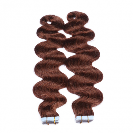 Tape Extensions #33 Rotbraun gewellt &ndash; 100 % Echthaar