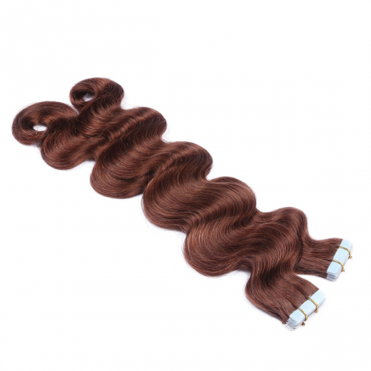 Tape Extensions #33 Rotbraun gewellt &ndash; 100 % Echthaar